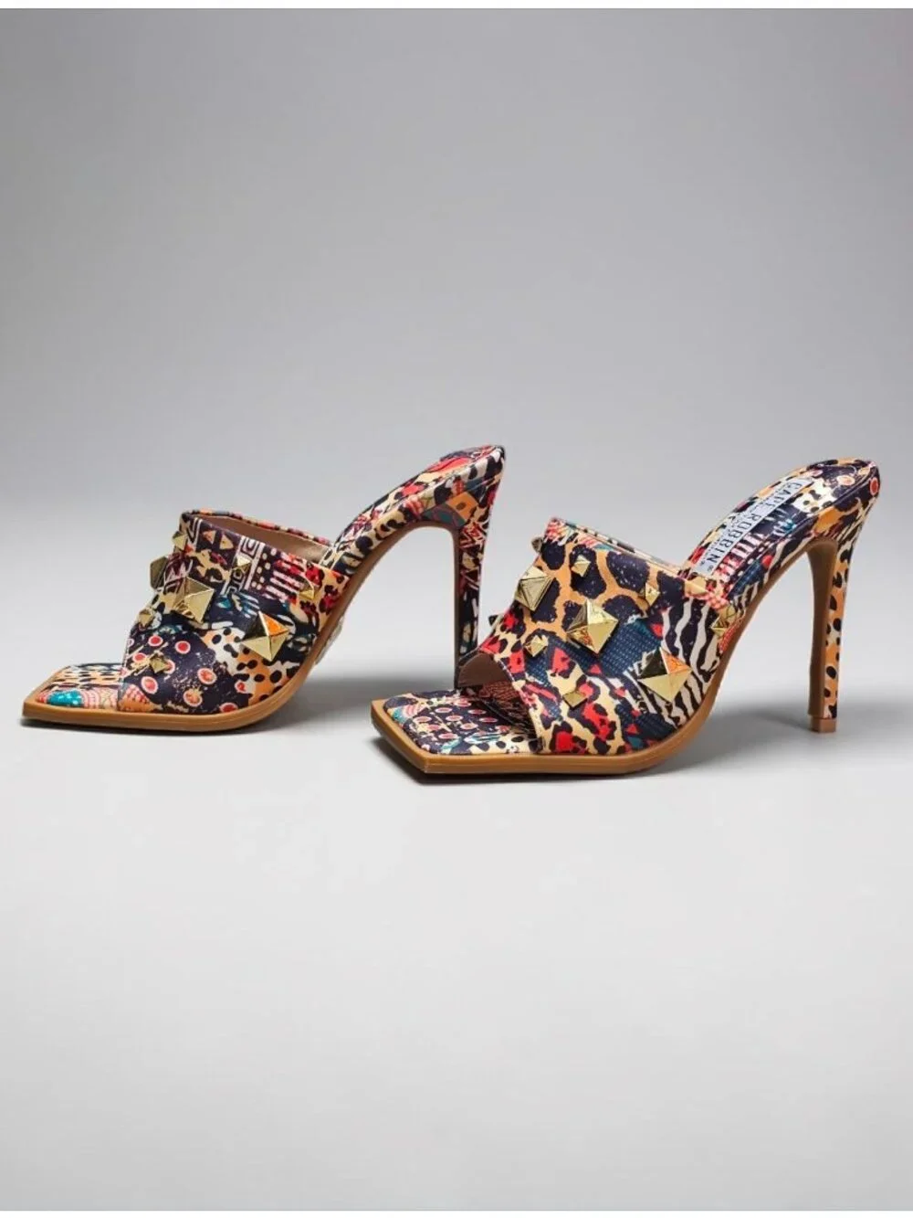 Cape Robbin Gold Studded Multicolor Printed High Heel Mules With Open Toe Womens - Picture 2 of 14